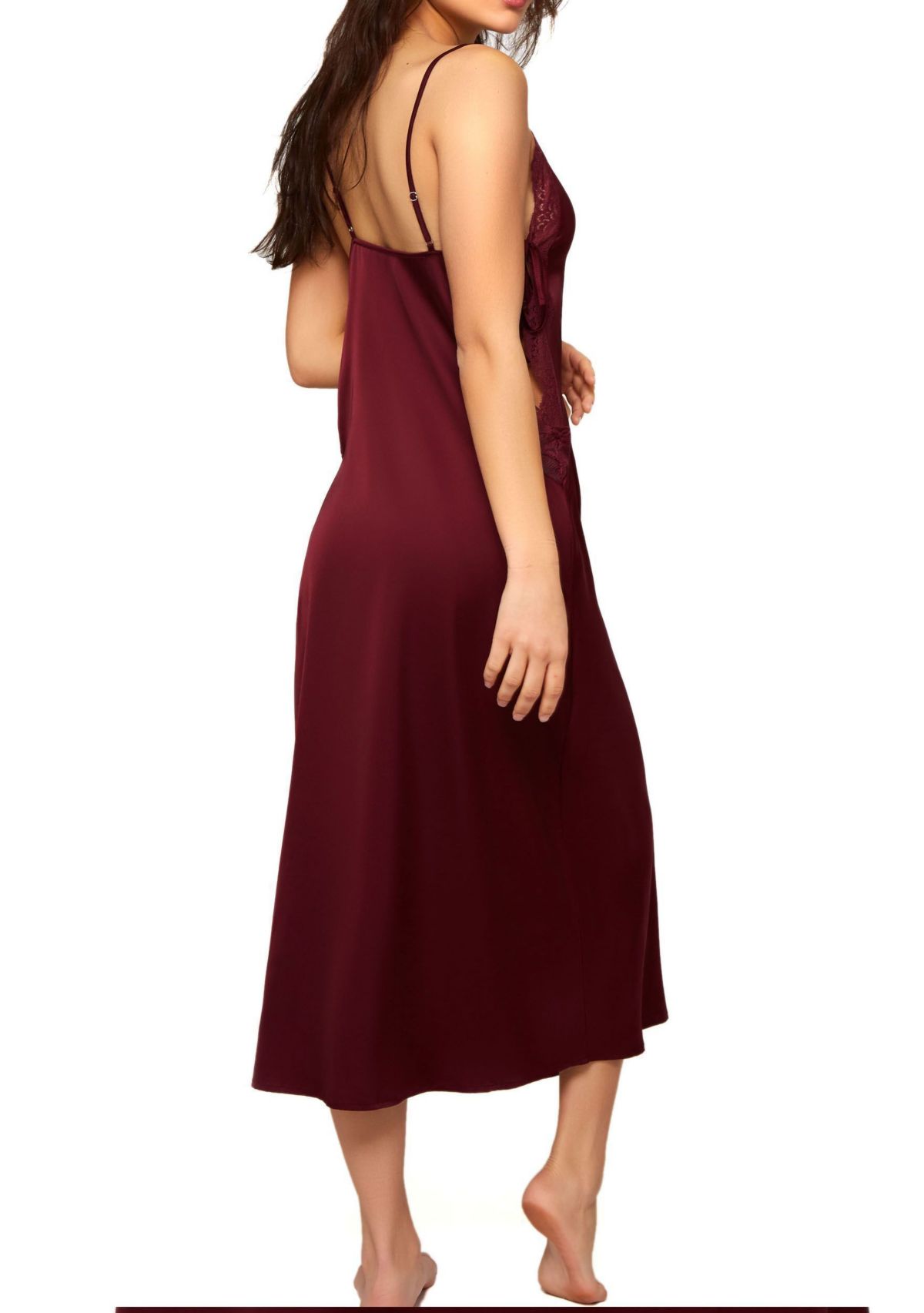 Gwendolyn Stretch Satin Midi Gown with Side Lace Up Ties and Soft Lace Trimming at the Arm with Adjustable Straps. Pairs with Matching Midi Robe.