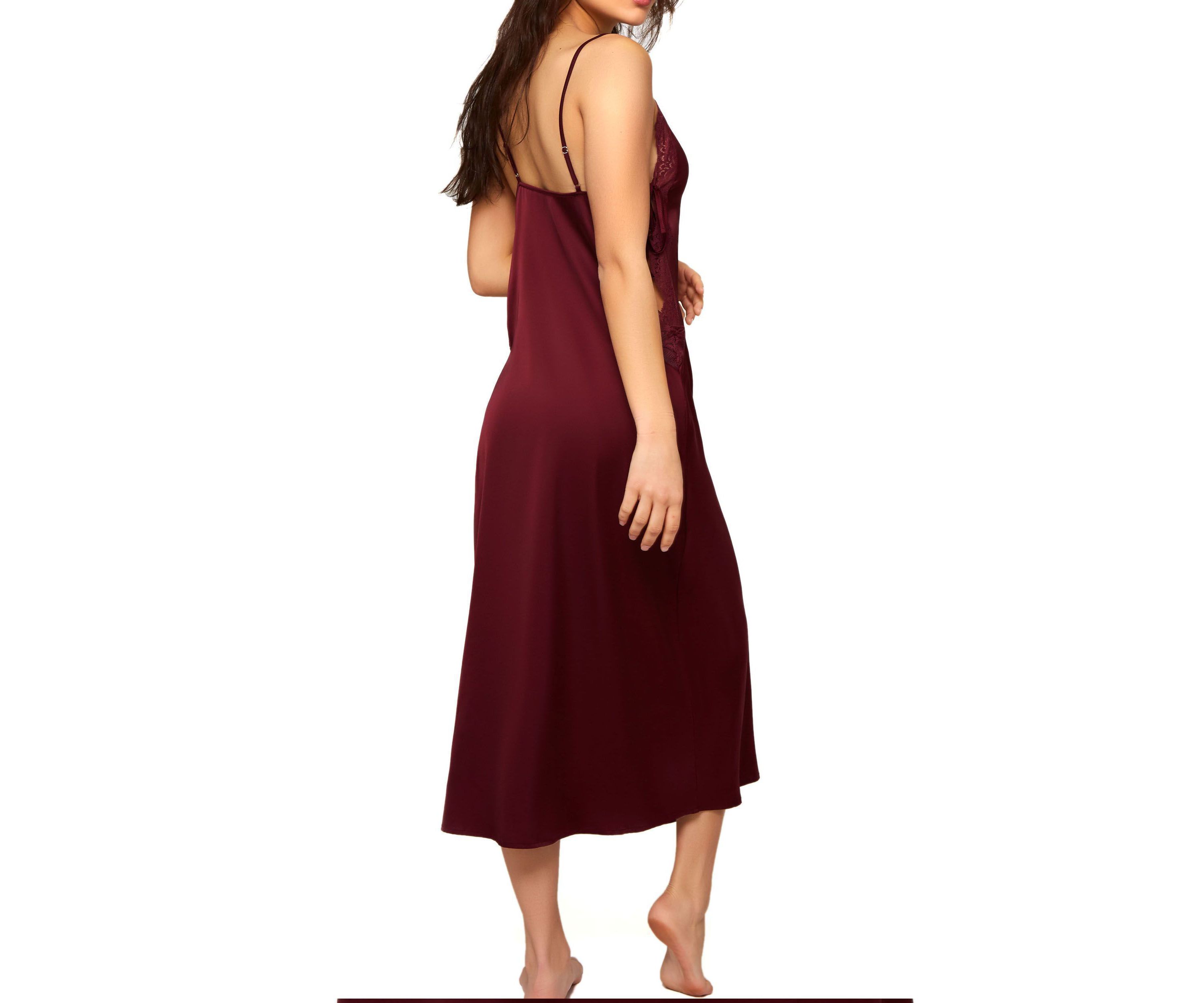 Gwendolyn Stretch Satin Midi Gown with Side Lace Up Ties and Soft Lace Trimming at the Arm with Adjustable Straps. Pairs with Matching Midi Robe.