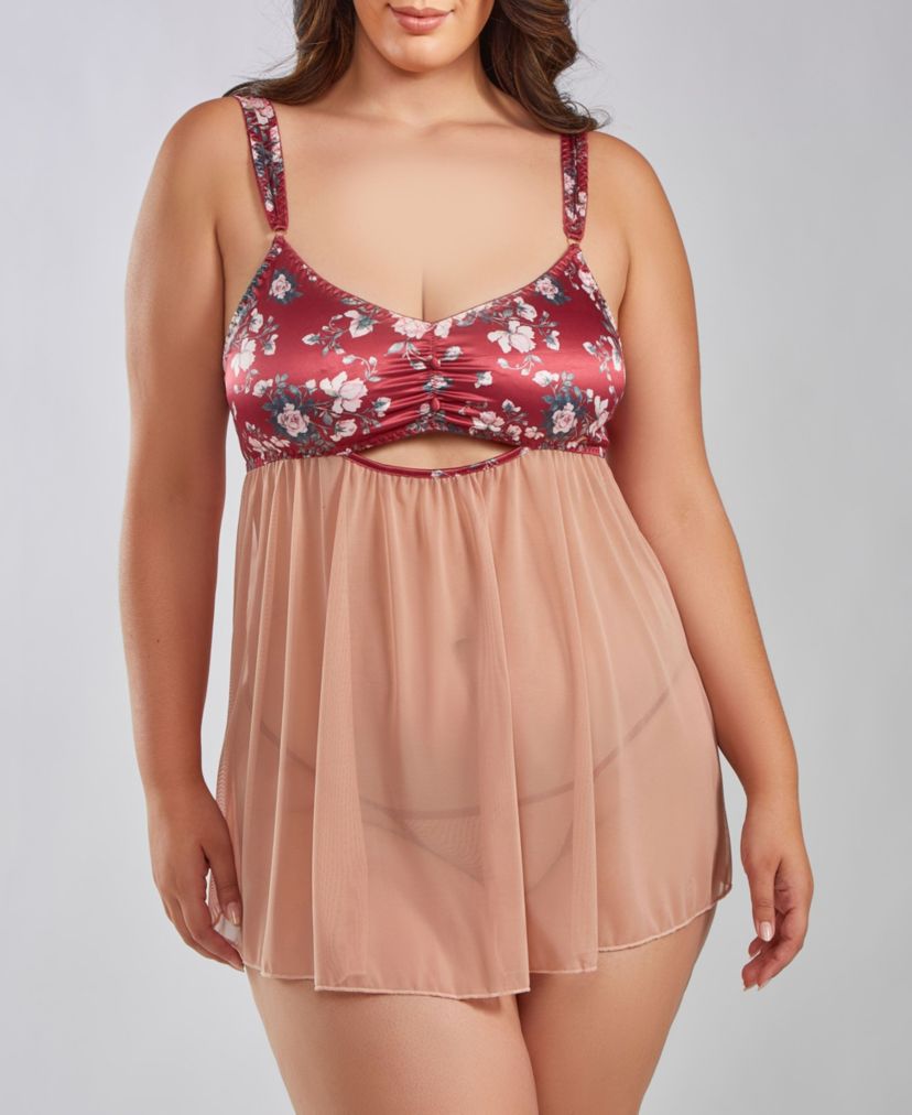 Stormi Plus Size Mesh and Smooth Micro Floral Soft Bra Bbydoll with Matching Panty.