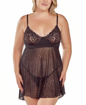 iCollection Plus Size Women's 2PC Glitter and Lace underwire Cup Babydoll and Panty Lingerie Set