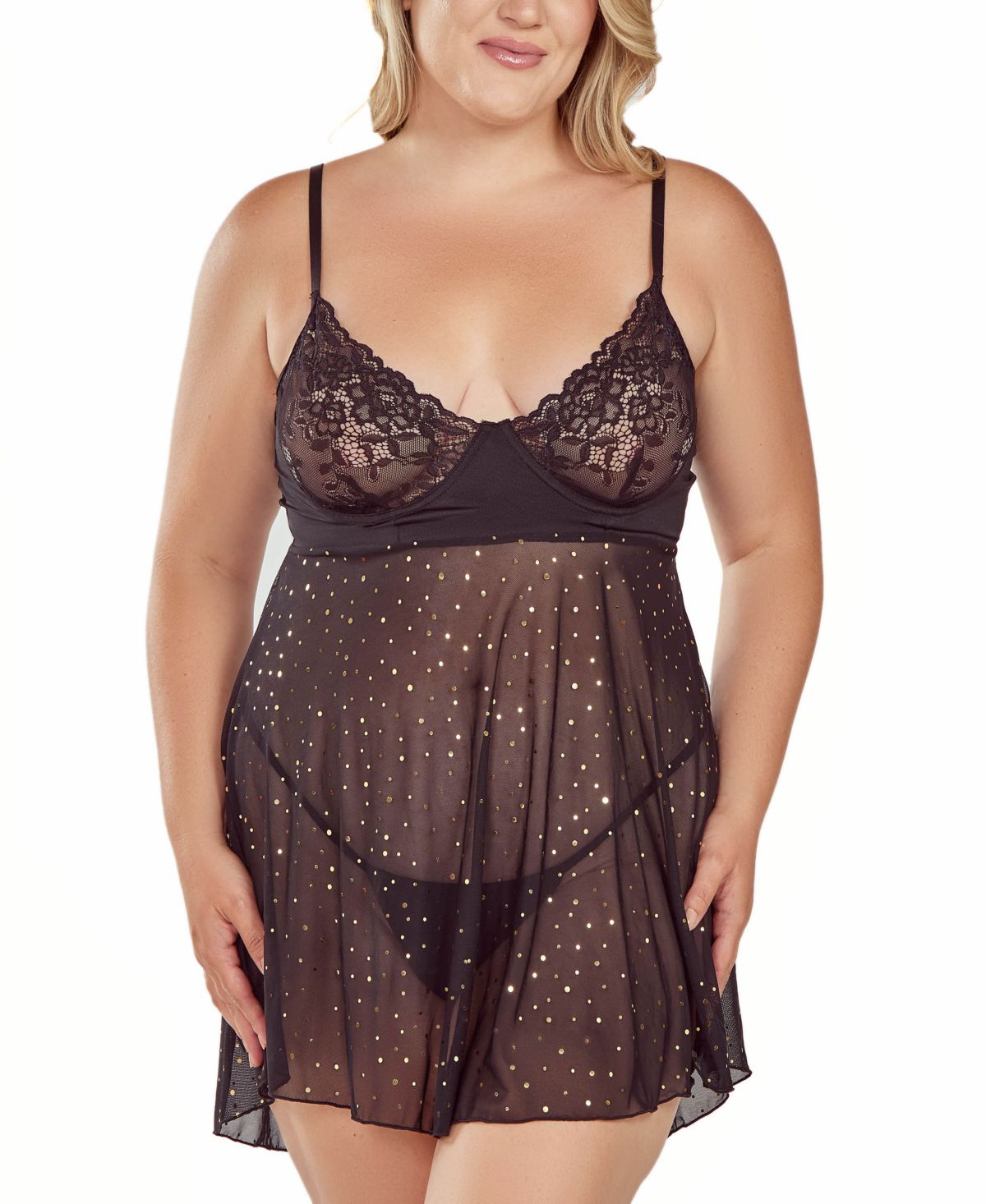 Plus Size Womens 2PC Glitter and Lace underwire Cup Babydoll and Panty Lingerie Set