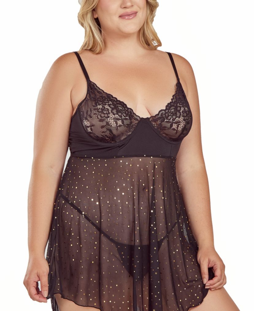 Plus Size Womens 2PC Glitter and Lace underwire Cup Babydoll and Panty Lingerie Set