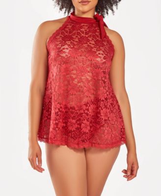iCollection Women's Plus Size 2 PC Lace Halter Babydoll and Ruffel Panty Set