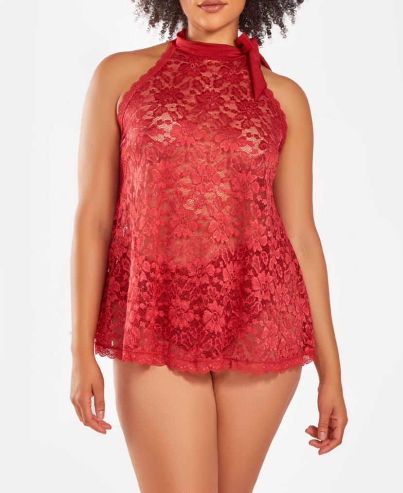 iCollection Womans Plus Size 2 PC Lace Halter Babydoll and Ruffel Panty Set