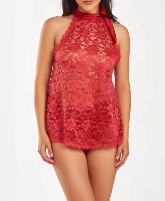 iCollection Women's 2 PC Lace Halter Babydoll and Ruffel Panty Set