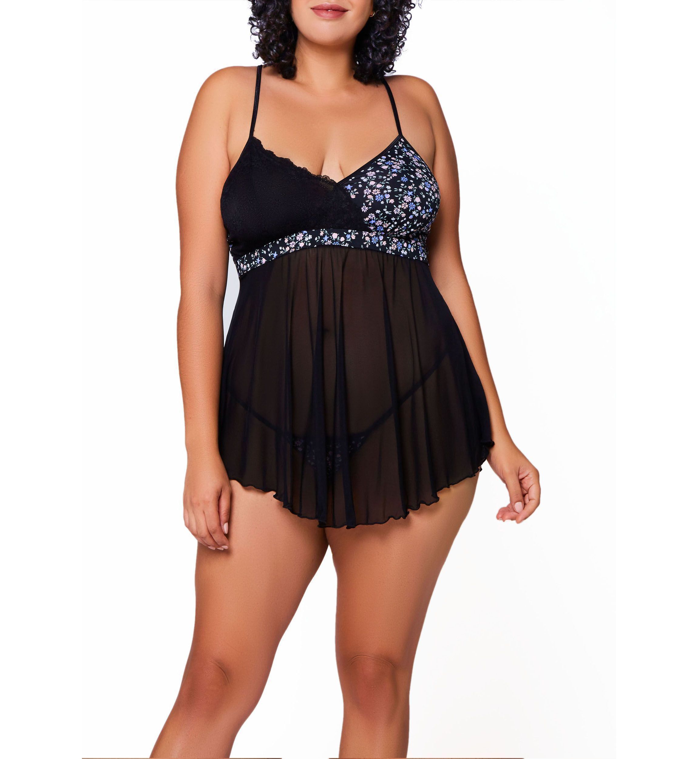 Willow Plus Size Soft Cup Asymmetrical Lace, Mesh & Micro Bbydoll and Panty Set, Mesh Skirts is Slightly Lower in the back with Adjustable Straps