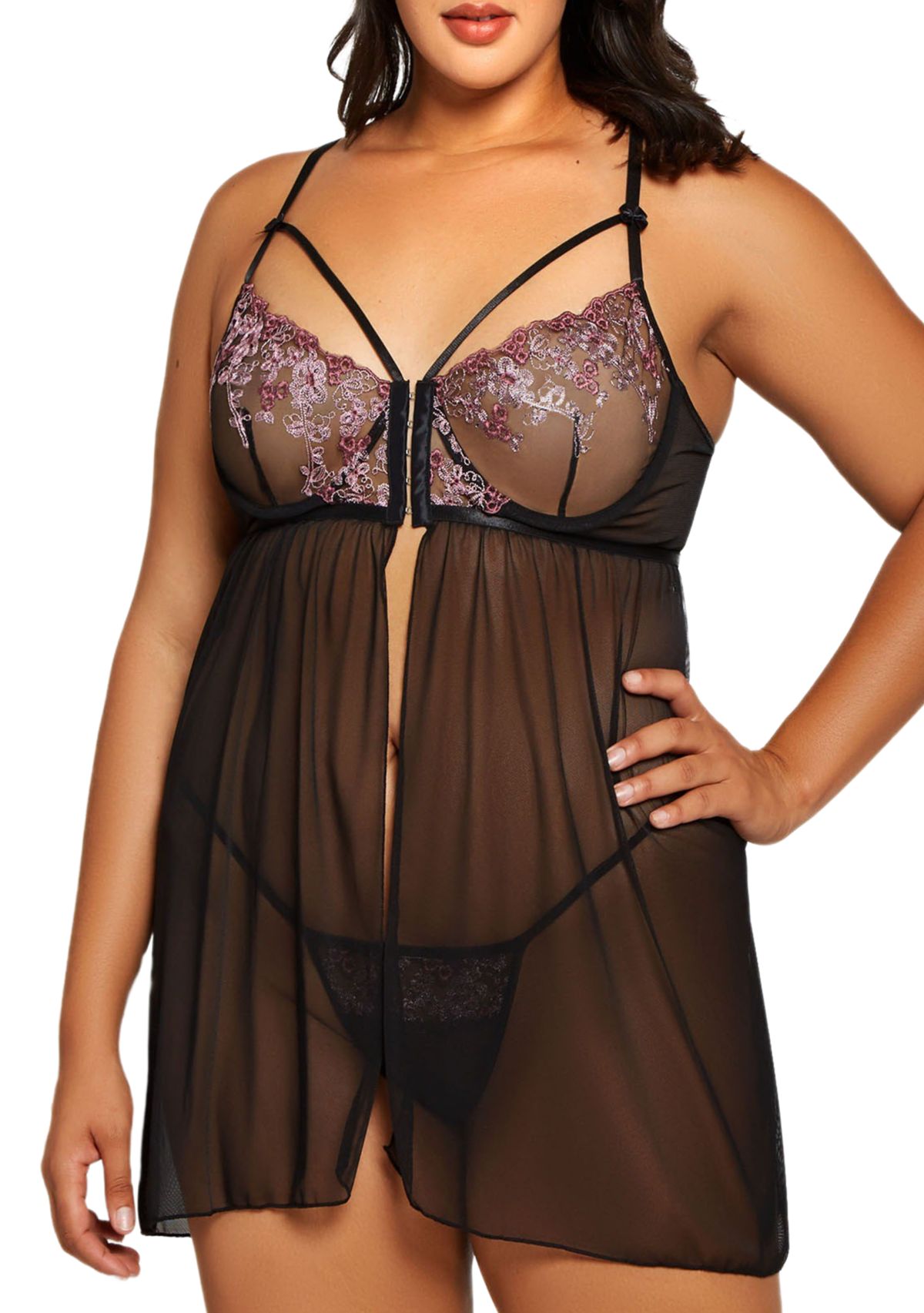 Plus Size Estella Embroidered Mesh Flyaway Babydoll