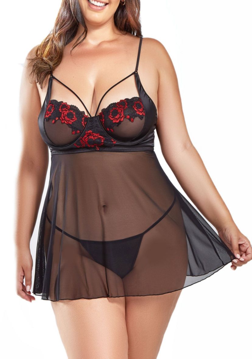 iCollection Plus Size Womans 2PC Red Floral Embroidered Underwire Cup Bbydoll and Thong Lingerie Set