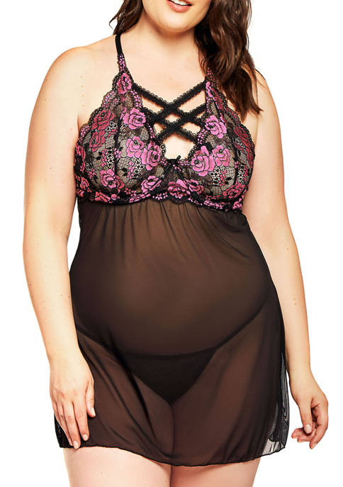 iCollection Plus Size Gia Strappy Lace Babydoll Set