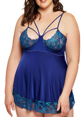 Blue 2 Piece Deep Royal Plus Size Babydoll Sleepwear For Chubby