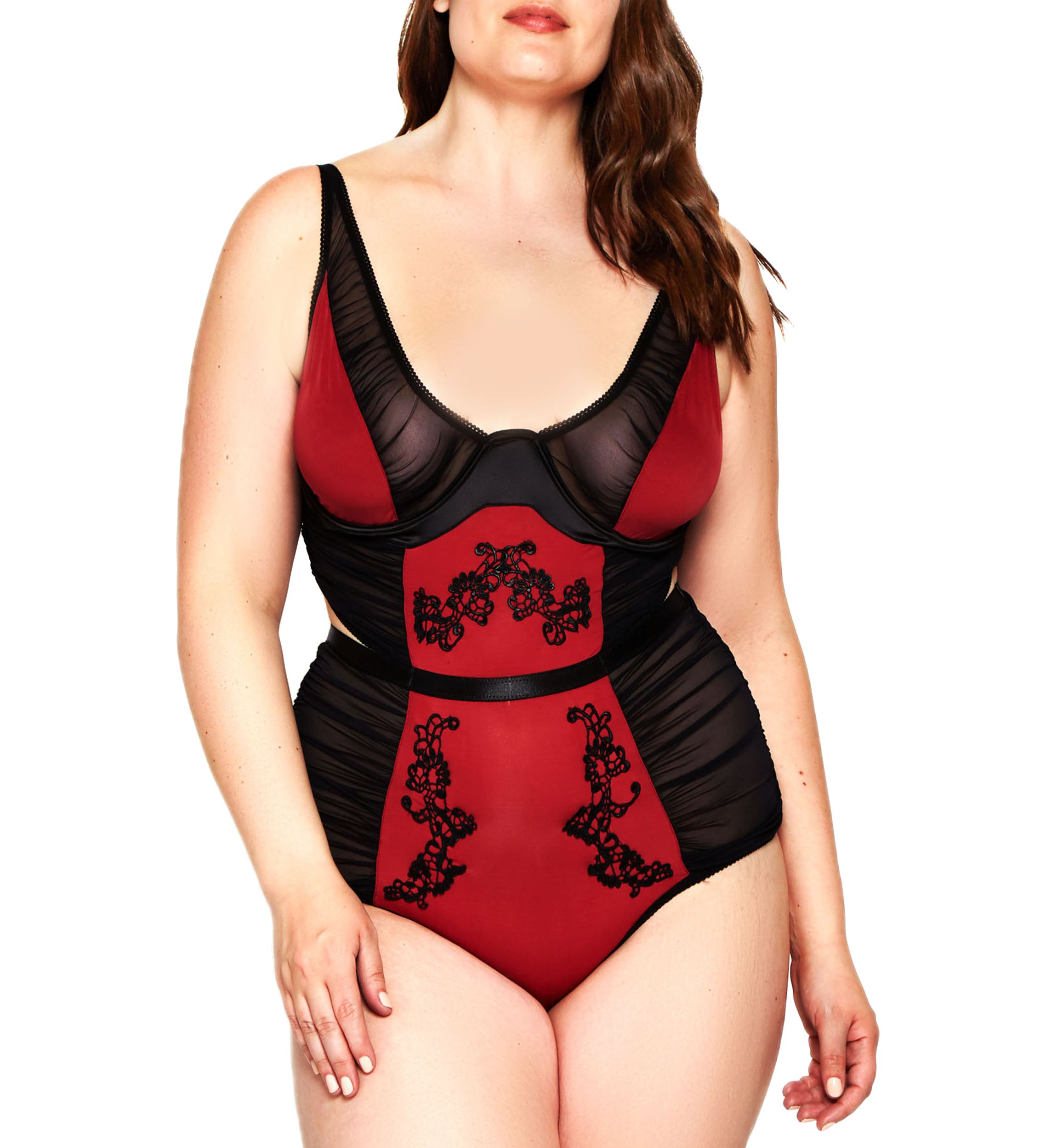 Plus Size Micro & Mesh Teddy with Ruching & Appliqué