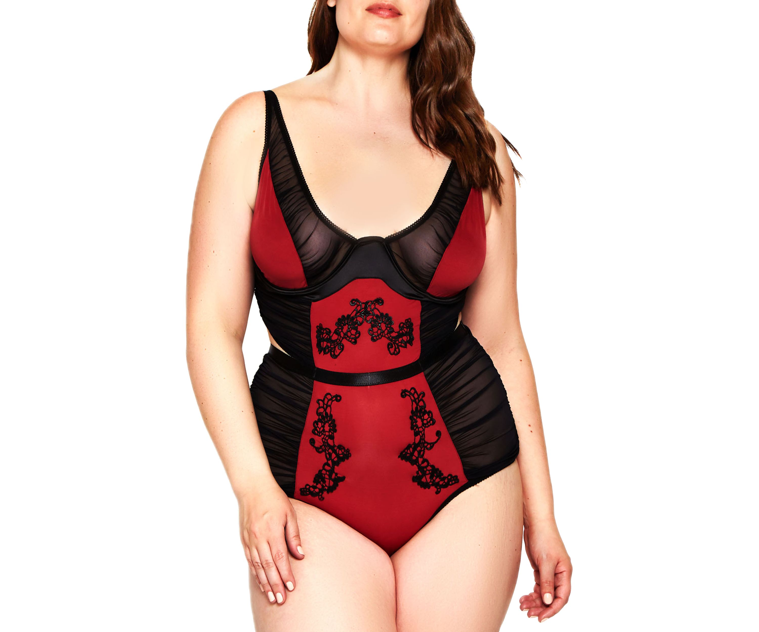 Plus Size Micro & Mesh Teddy with Ruching & Appliqué