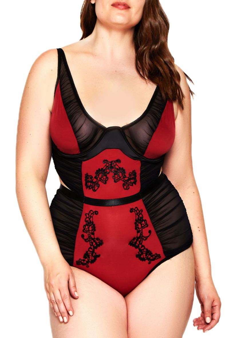 Plus Size Micro & Mesh Teddy with Ruching & Appliqué