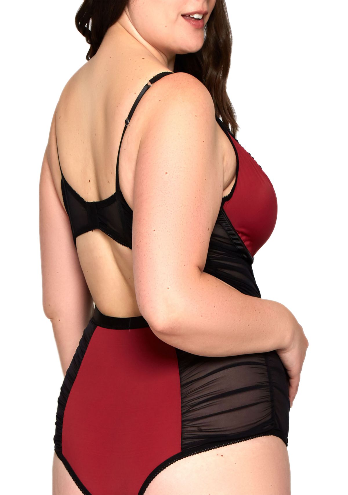 Plus Size Micro & Mesh Teddy with Ruching & Appliqué