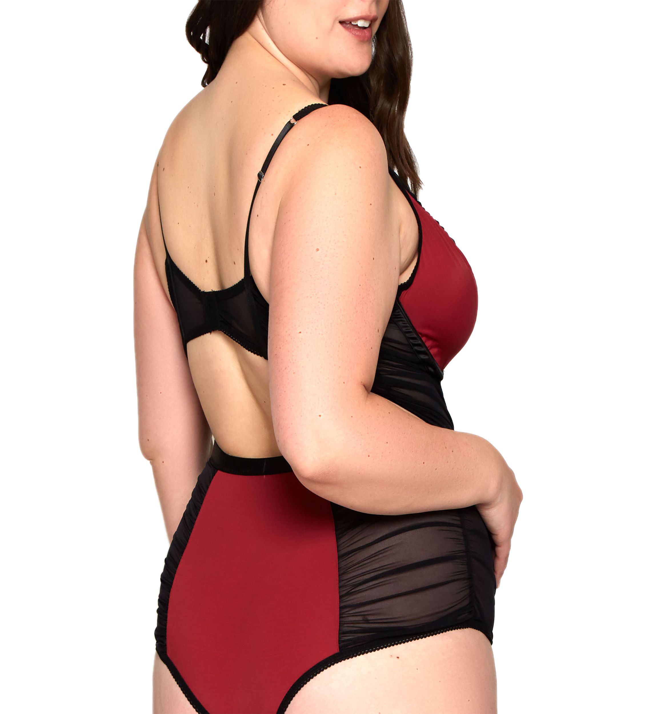 Plus Size Micro & Mesh Teddy with Ruching & Appliqué