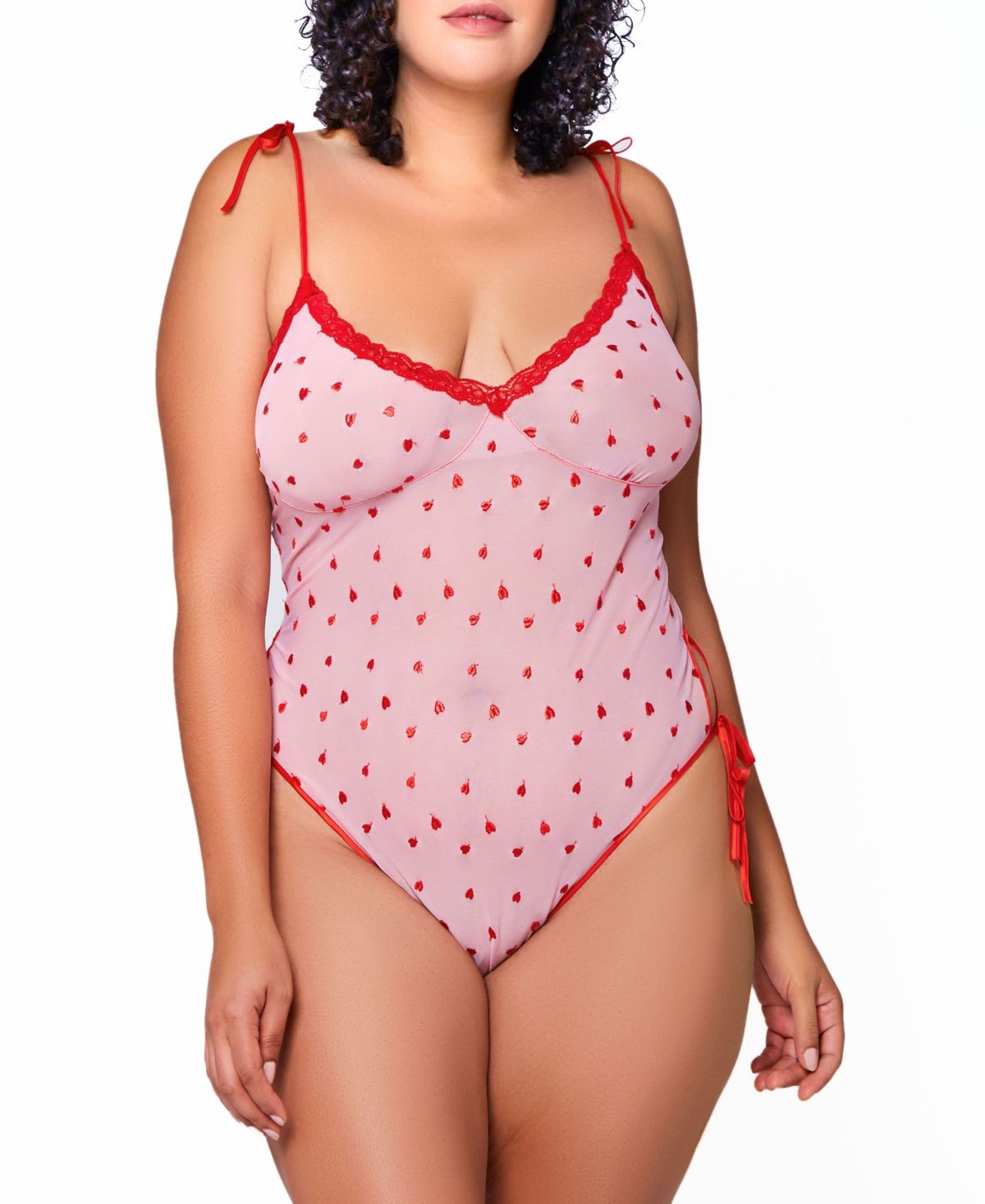 Clara Soft Cup Heart Embroidered Mesh Teddy with Lace Trimmed Neckline, Functional Side and Shoulder Ties with a V Key Hole Back