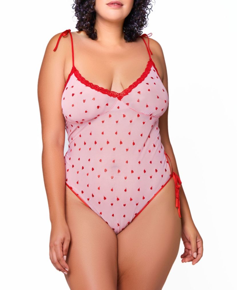 Clara Soft Cup Heart Embroidered Mesh Teddy with Lace Trimmed Neckline, Functional Side and Shoulder Ties with a V Key Hole Back