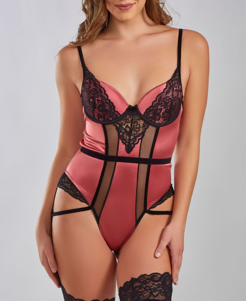 Meryl Underwire Padded Bra Stretch Satin and Lace Bodysuit with Velvet Trim
