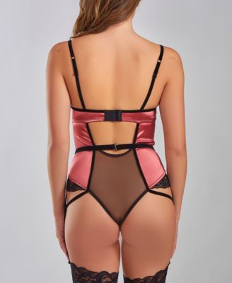 Meryl Underwire Padded  Bra Stretch Satin and Lace Bodysuit with Velvet Trim