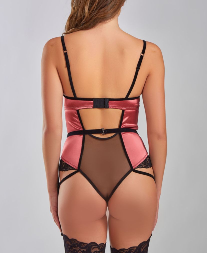 Meryl Underwire Padded Bra Stretch Satin and Lace Bodysuit with Velvet Trim