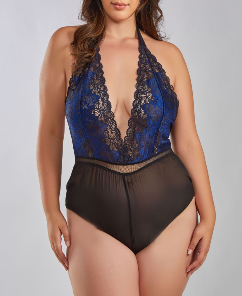 Blake Plus Size Plunge Soft Lace and Mesh Halter Romper