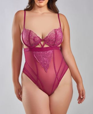 iCollection Women's Rose Plus Size Underwire Lace Bra Caged Front Teddy