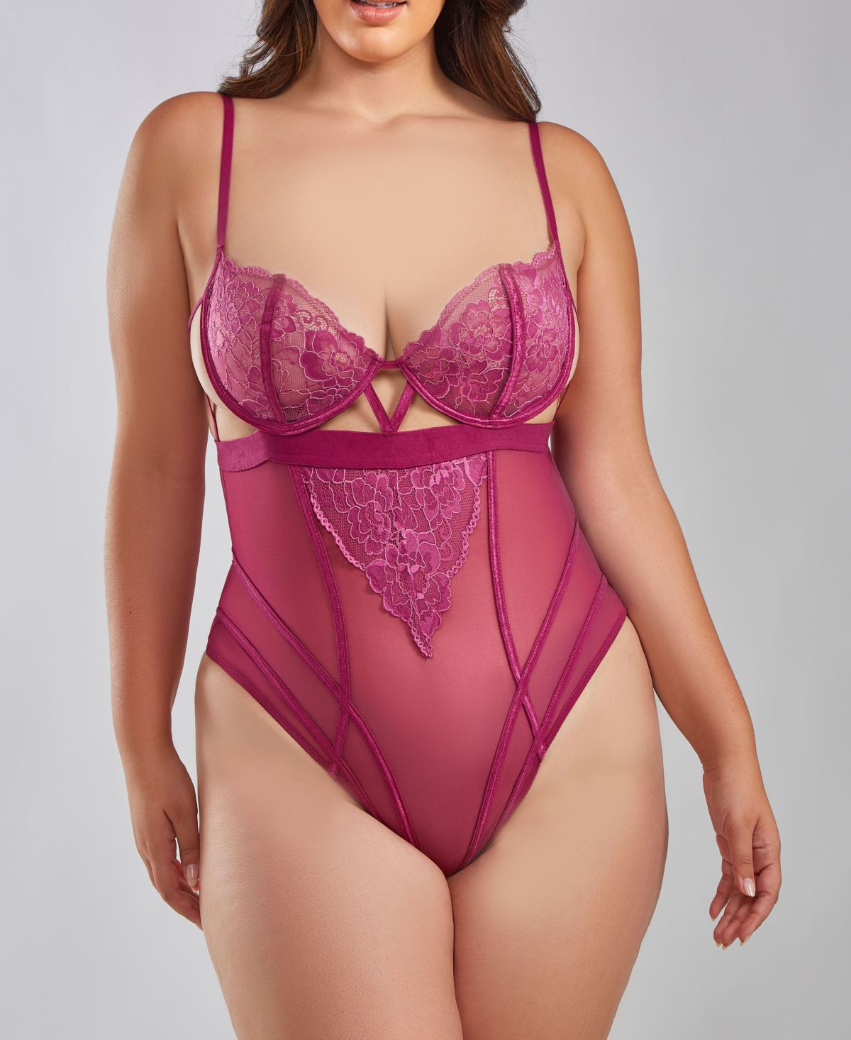 Rose Plus Size Underwire Lace Bra Caged Front Teddy