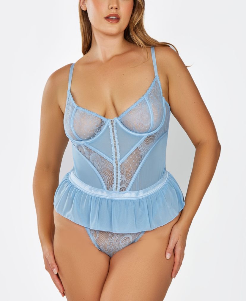 iCollections Womans 2 PC Bbydoll Lingerie Set Patterned in Soft Lace and Mesh