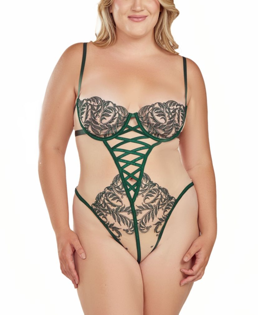 iCollection Plus Size Womans 1PC Green Embroidered Mesh Underwire Lingerie Bodysuit