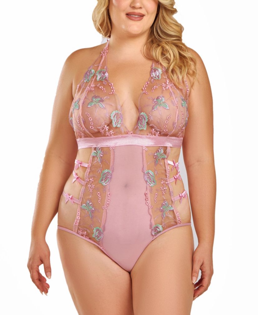 Womens Plus Size Sheer Embriodered Bodysuit Lingerie with Bow Accents
