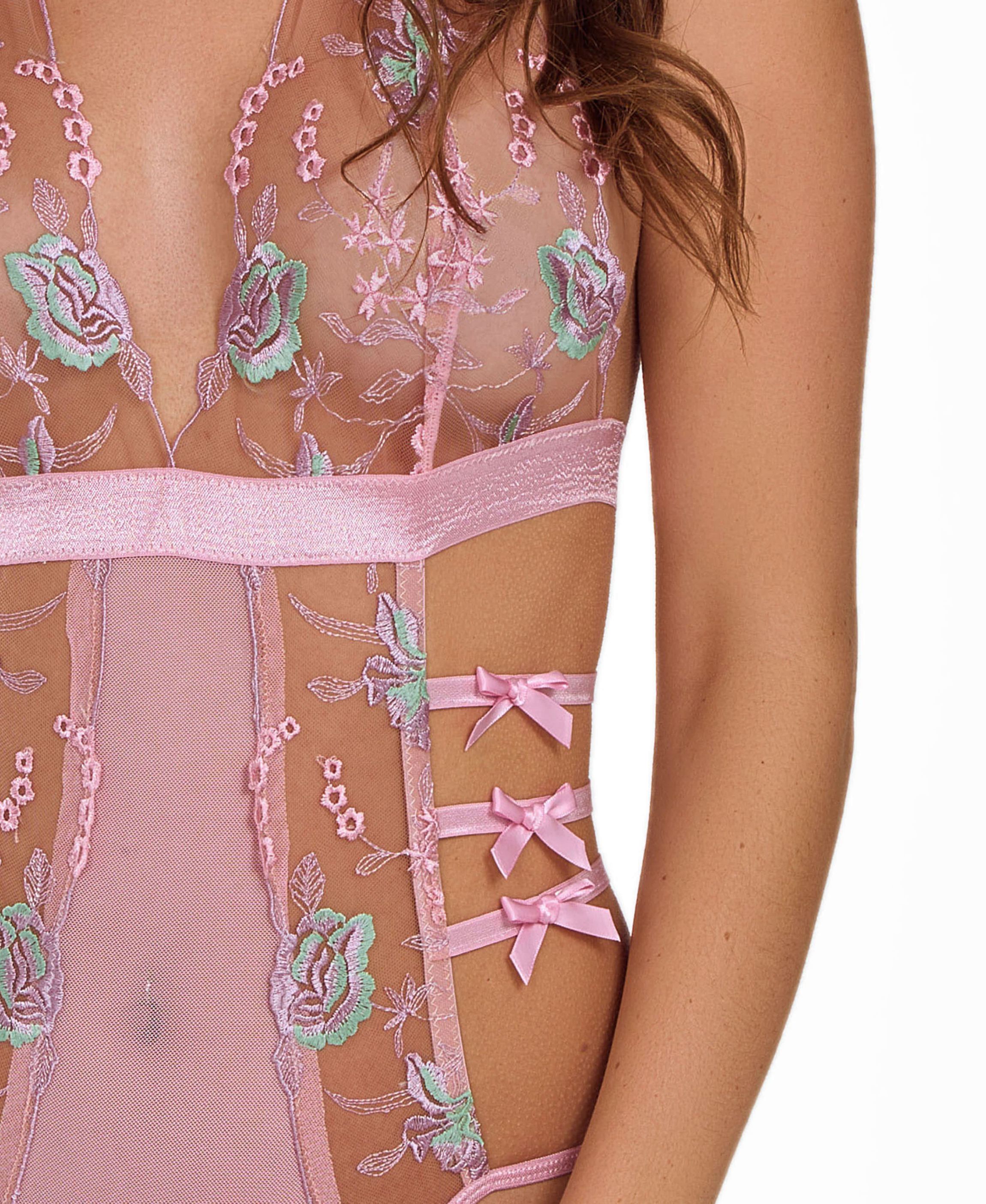 Womens Sheer Embriodered Bodysuit Lingerie with Bow Accents