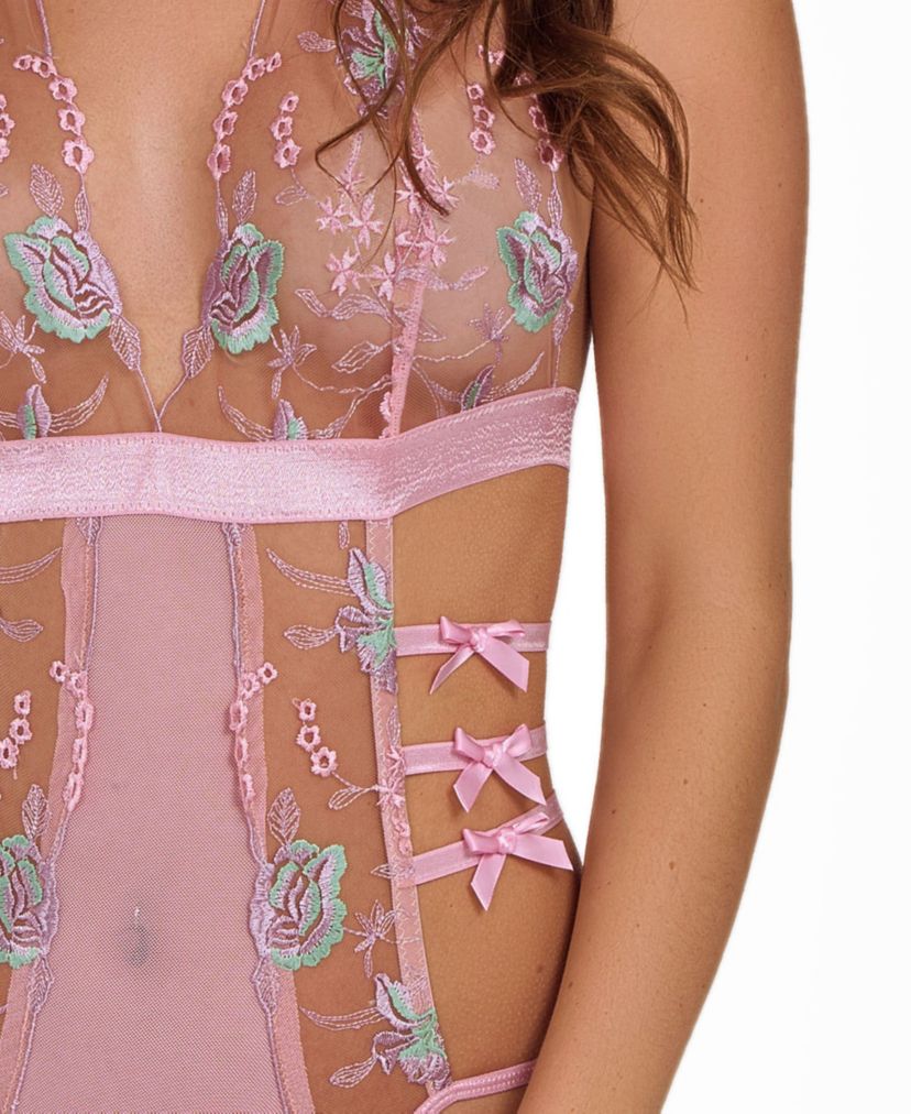 Womens Sheer Embriodered Bodysuit Lingerie with Bow Accents