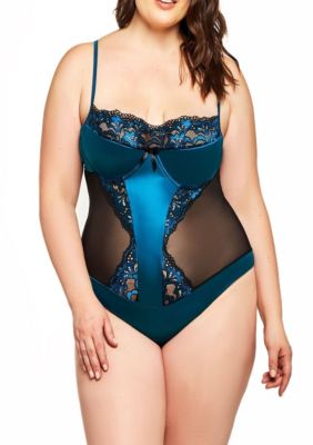 iCollection Women's Brooklyn Plus Size Partial Padded/Lace Underwire Cup Stretch Satin, Mesh & Lace Teddy with Wide Key Hole Back and Adjustable