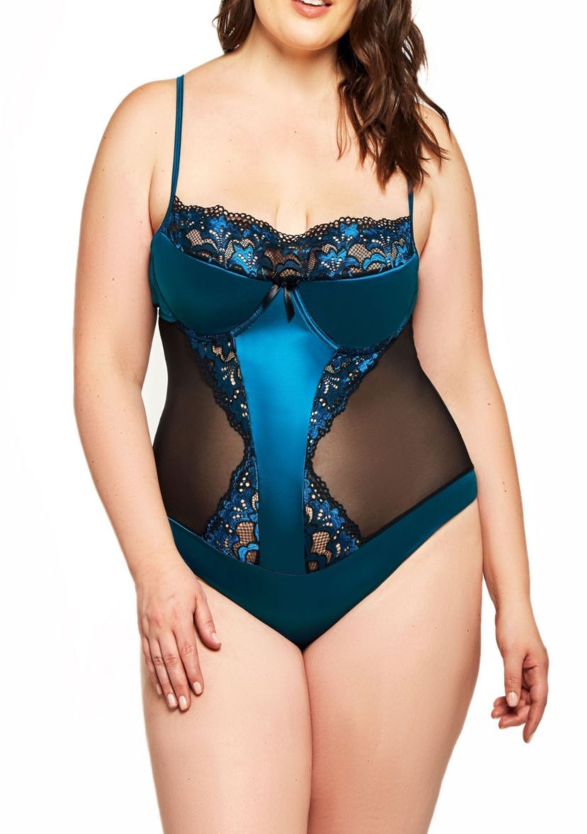 Brooklyn Plus Size Partial Padded/Lace Underwire Cup Stretch Satin, Mesh & Lace Teddy with Wide Key Hole Back and Adjustable Straps
