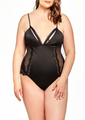 iCollection Women's Freya Plus Size Soft Cup Satin & Mesh Teddy W/ Lacey Strapped Neckline, All Over Lace and Mesh Panels with Scoop open Back and