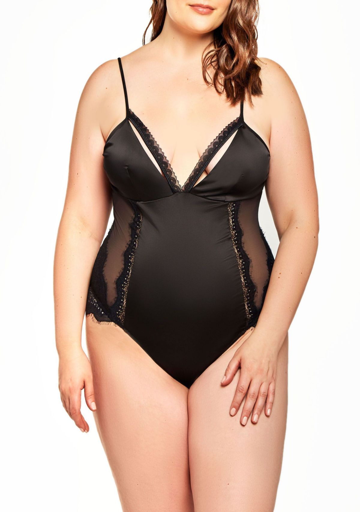 Freya Plus Size Soft Cup Satin & Mesh Teddy W/ Lacey Strapped Neckline, All Over Lace and Mesh Panels with Scoop open Back and Adjustable Straps