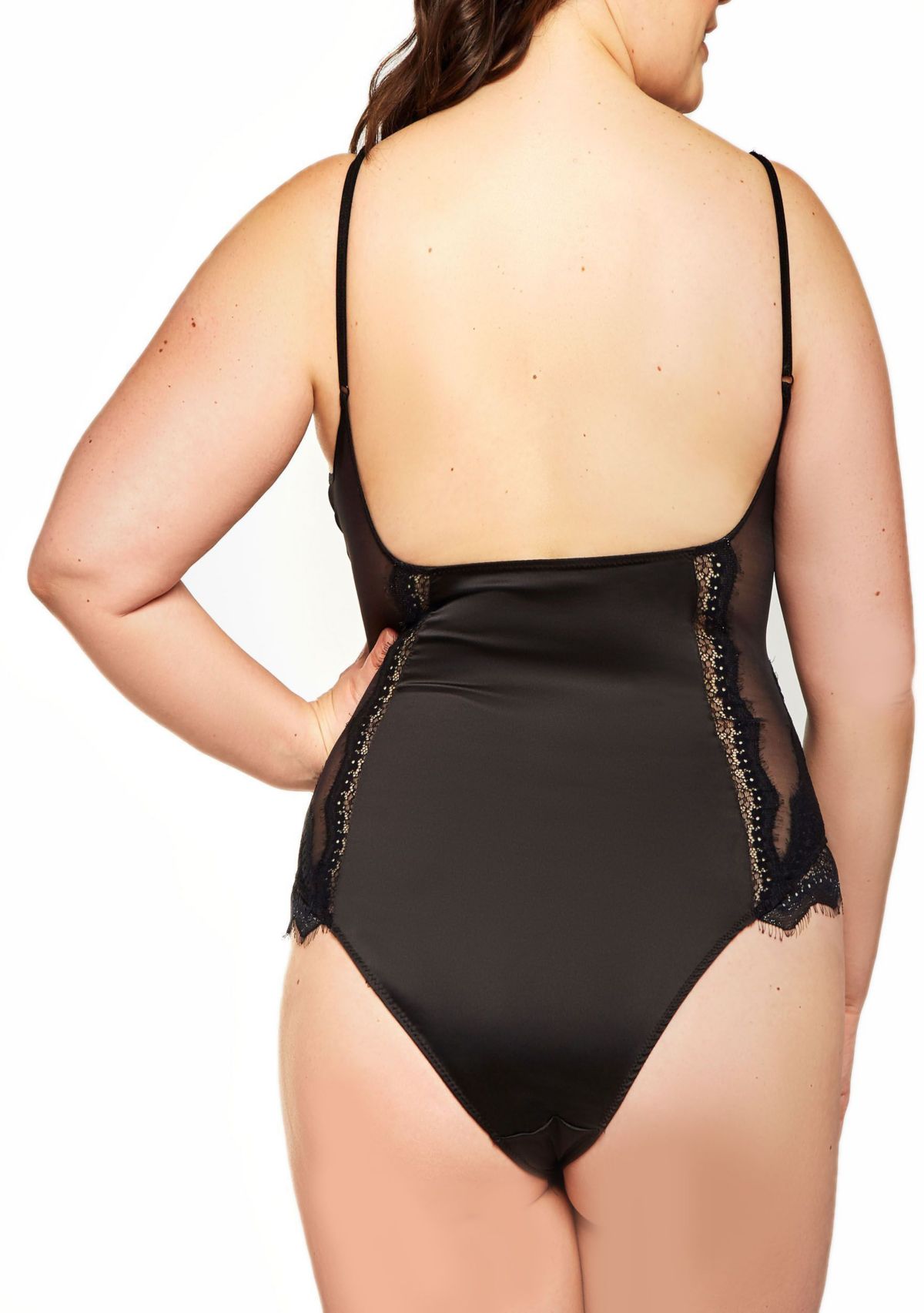 Freya Plus Size Soft Cup Satin & Mesh Teddy W/ Lacey Strapped Neckline, All Over Lace and Mesh Panels with Scoop open Back and Adjustable Straps