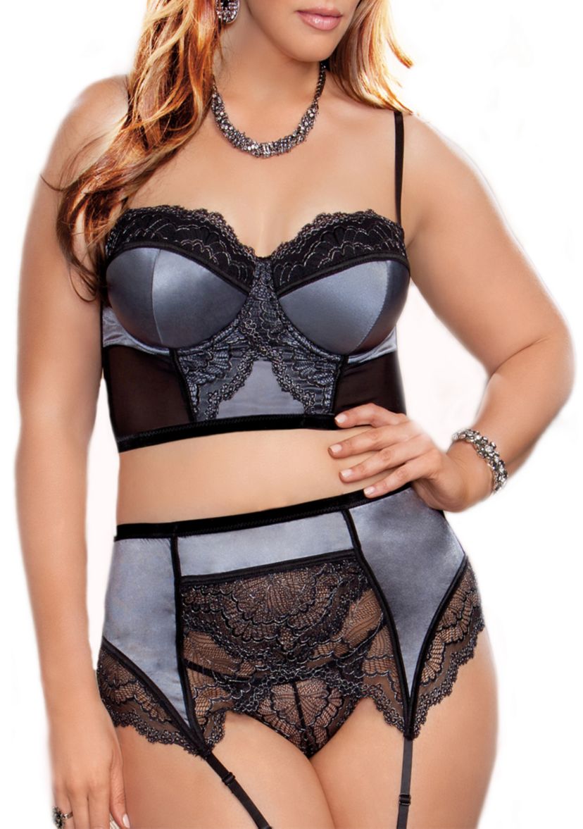Plus Size Satin & Lace Bra Set with Garter