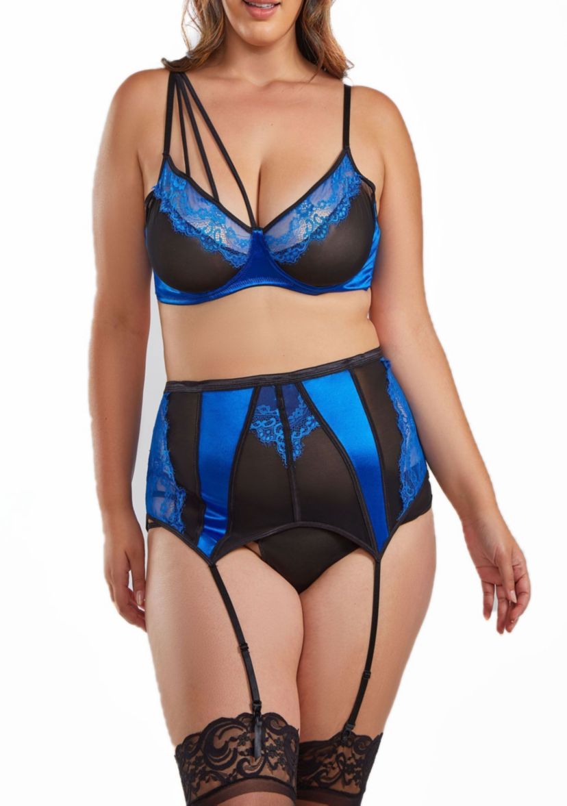 Stormi Plus Size Eyelash Wire Cup Bra, Full Garter Belt with Back Clasp and Designer Panty Set includes Adjustable Straps for your Comfort Level