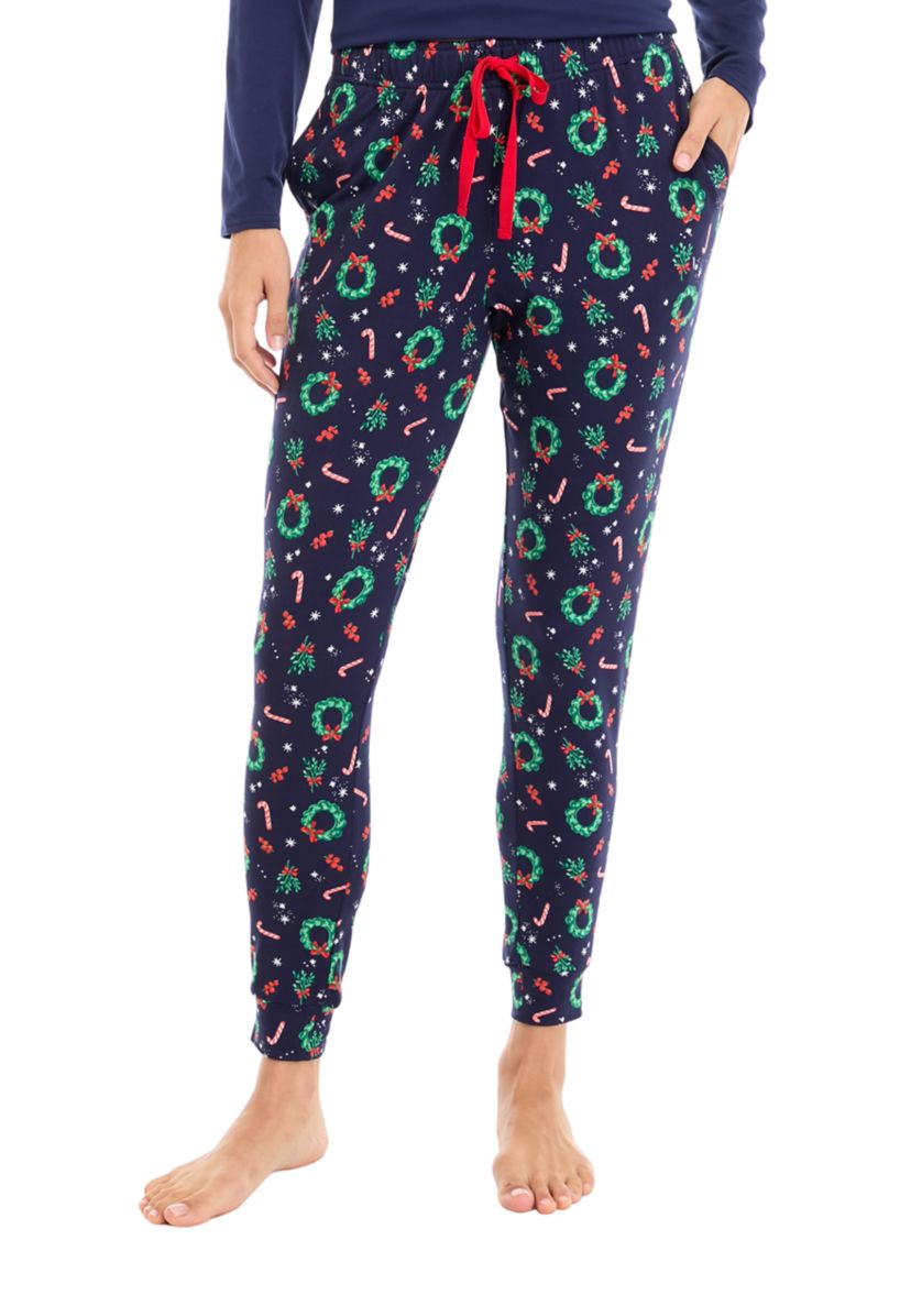 Womens Holiday Wreaths Jogger Pajama Pants