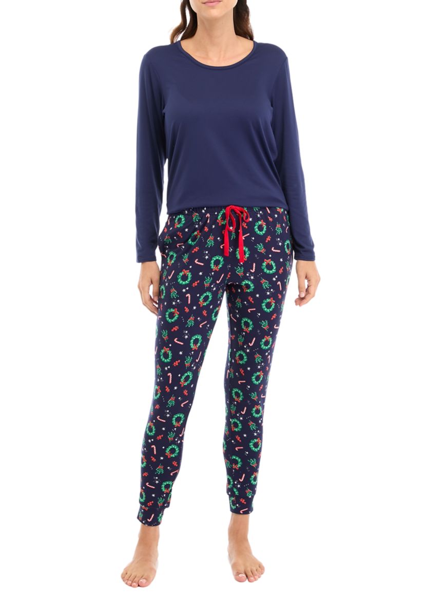 Womens Holiday Wreaths Jogger Pajama Pants