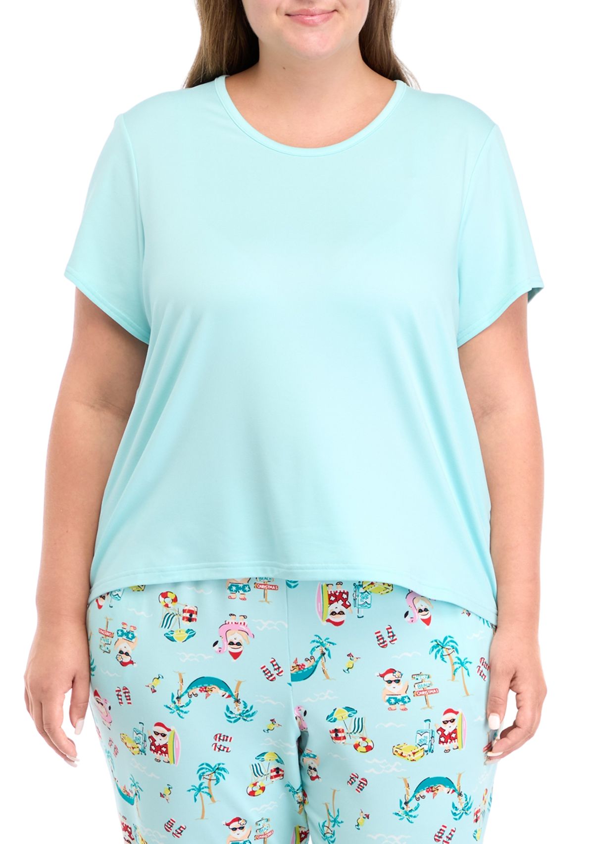 Plus Size Beachy Christmas Solid Short Sleeve Pajama Top