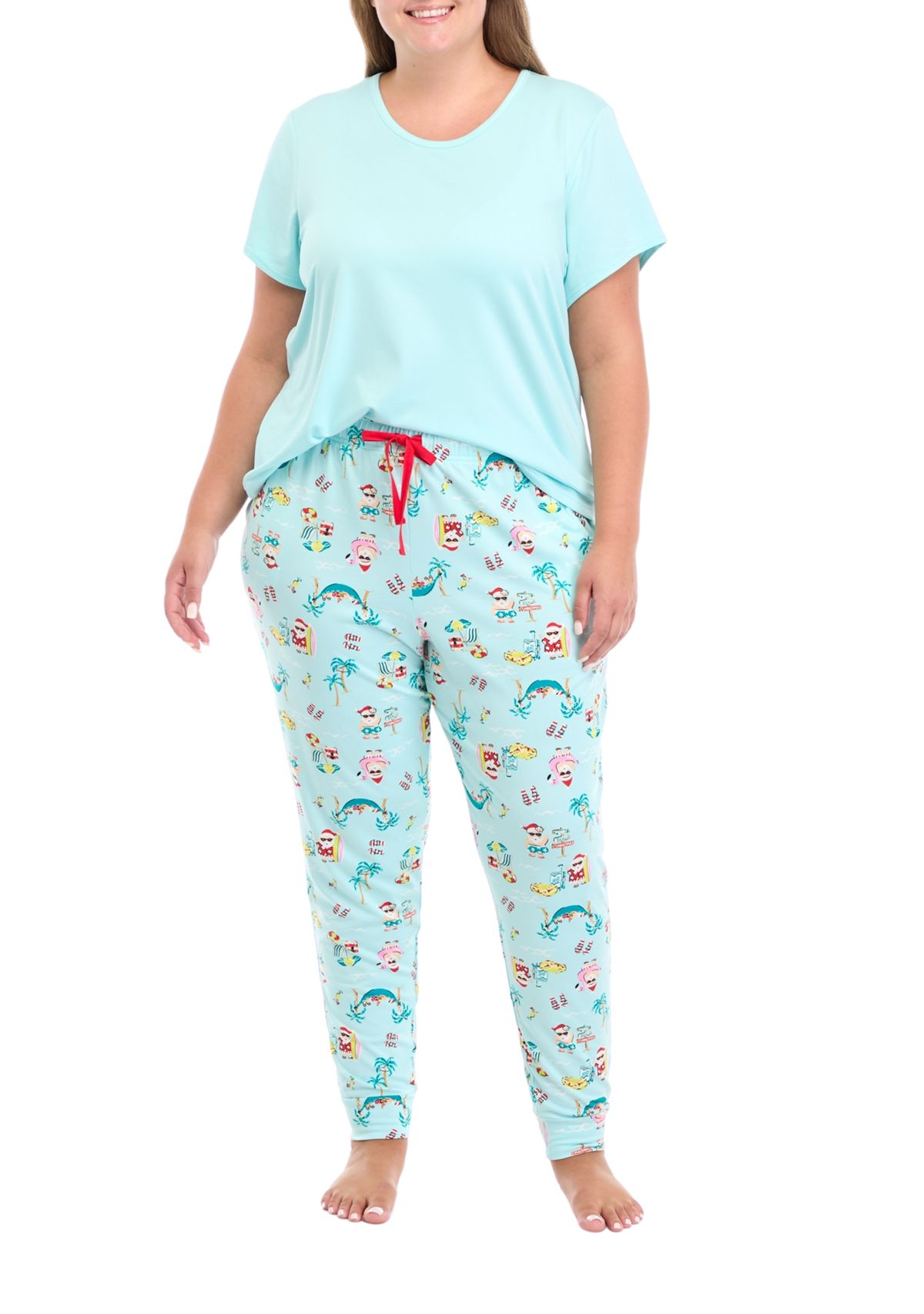 Plus Size Beachy Christmas Solid Short Sleeve Pajama Top