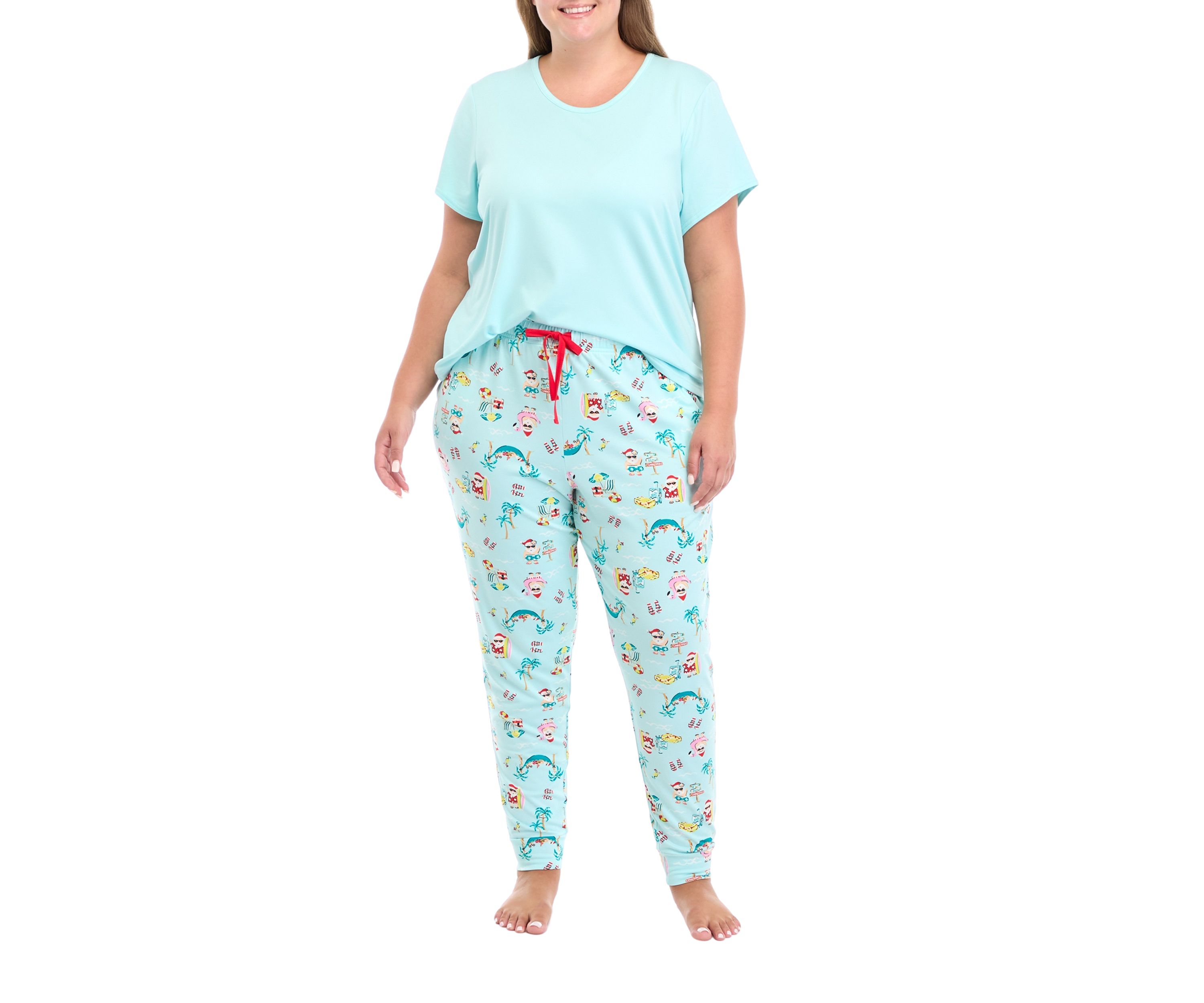 Plus Size Beachy Christmas Solid Short Sleeve Pajama Top