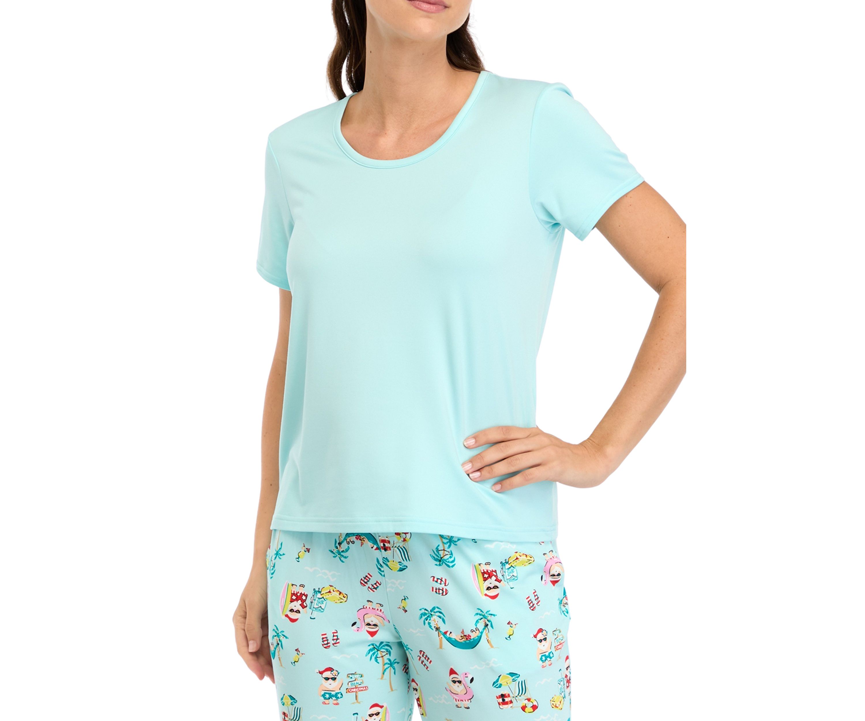 Womens Beachy Christmas Solid Short Sleeve Pajama Top