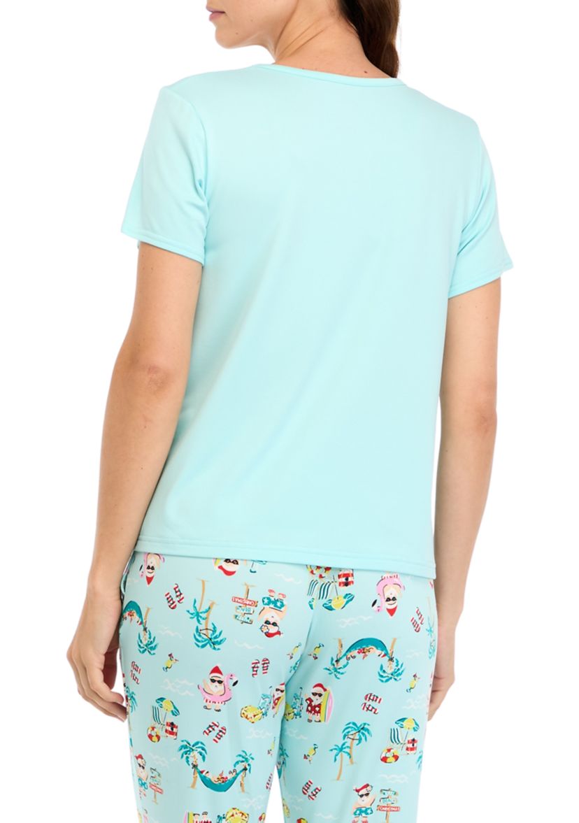 Womens Beachy Christmas Solid Short Sleeve Pajama Top
