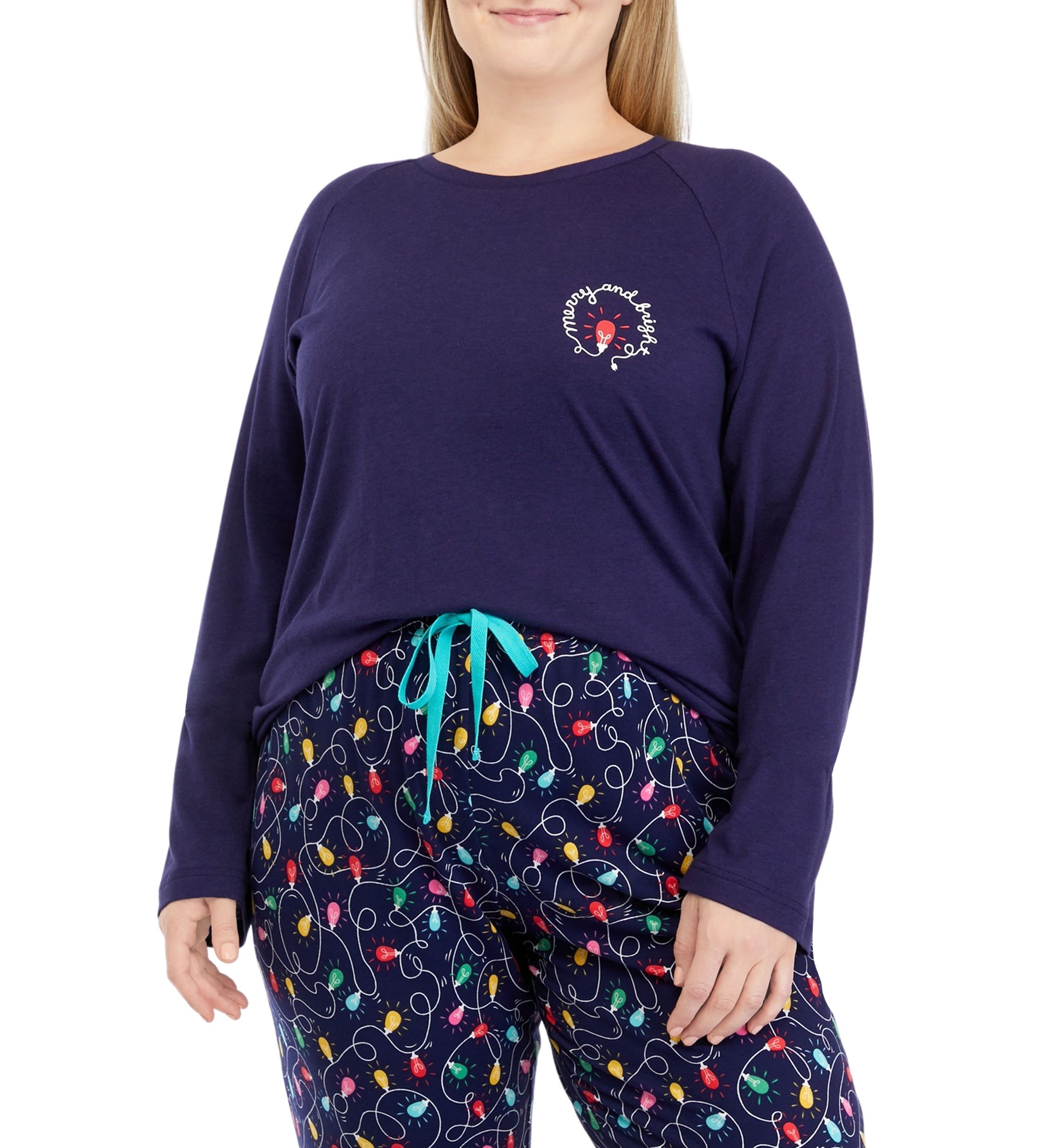 Plus Size Navy Lights Long Sleeve Crew Neck Pajama Top
