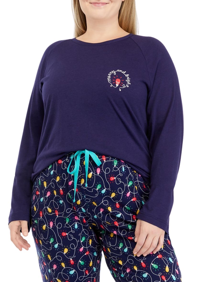 Plus Size Navy Lights Long Sleeve Crew Neck Pajama Top