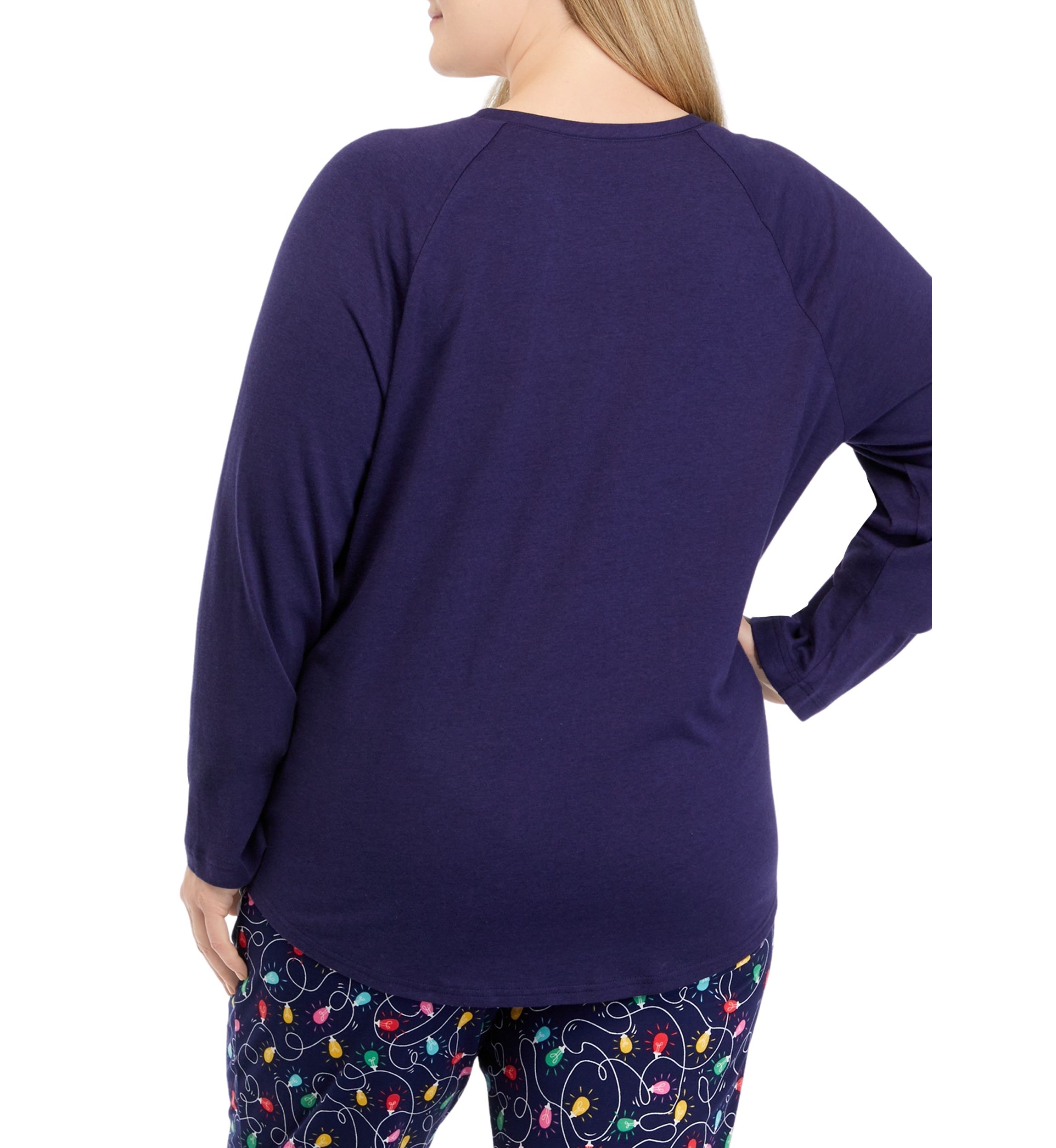Plus Size Navy Lights Long Sleeve Crew Neck Pajama Top