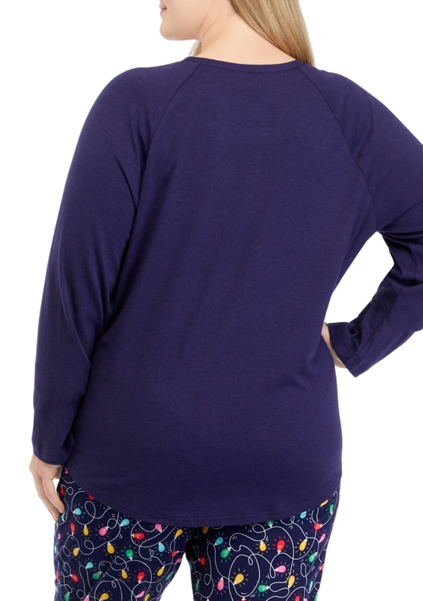 Plus Size Navy Lights Long Sleeve Crew Neck Pajama Top